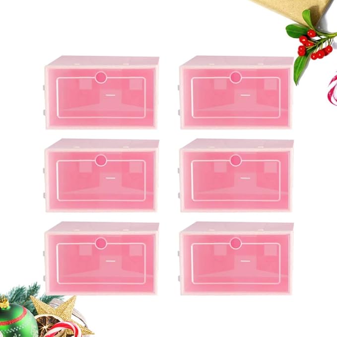 Cabilock 6pcs Transparent Pink Shoe Box Stackable Foldable Storage Shoe Box Clear Plastic Shoe Boxes Shoes Boxes for Home Room Sneakers High Heels Slippers