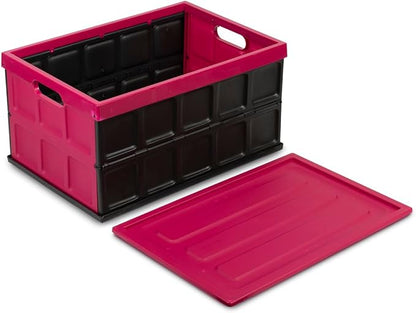 Glad Collapsible Storage Bin with Lid - 48L Foldable Plastic Box for Garage, Car Trunk, and Organization - Stackable Lidded Container with Handles, Purple