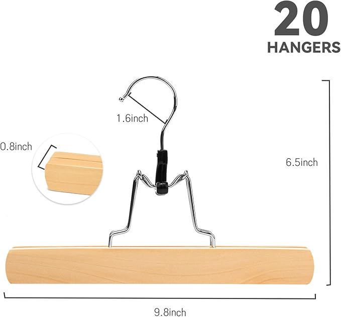 Nature Smile Wooden Pants Skirt Hangers, Smooth Finish Solid Wood Non Slip Jeans Slack Clamp Hangers Hair Extension Hangers(20Pcs Natural)…