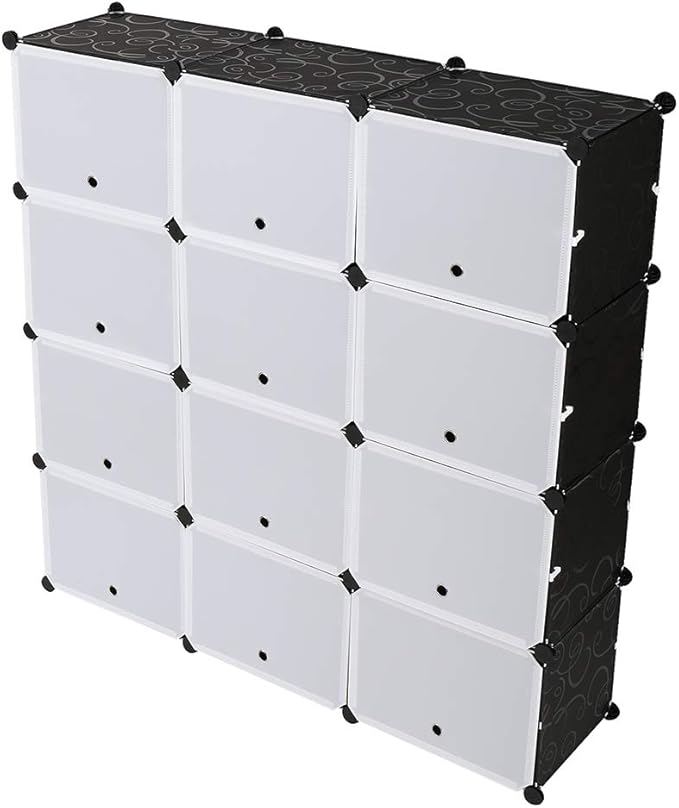 Shoe Rack Organizer, 12 Cube 7 Tier Covered Shoe Storage Cabinet 48 Pairs Freestanding DIY Shoe Shelves Plastic Shoes Rack for Closet Entryway Hallway Bedroom (Black)