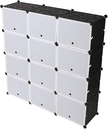 Shoe Rack Organizer, 12 Cube 7 Tier Covered Shoe Storage Cabinet 48 Pairs Freestanding DIY Shoe Shelves Plastic Shoes Rack for Closet Entryway Hallway Bedroom (Black)