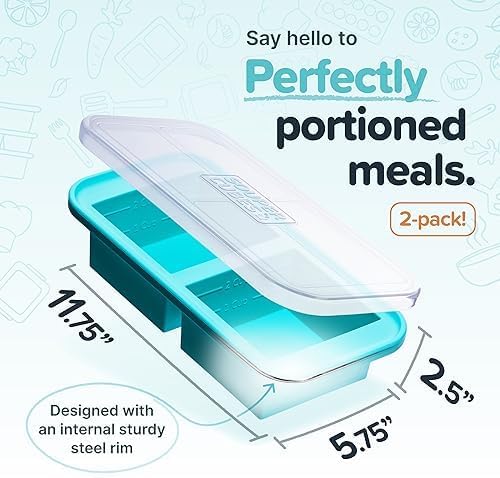 Souper Cubes 2 Cup Silicone Freezer Molds with Lids – Soup Cubes for Freezing Lasagna, Leftovers, Soups, Sauces, Casseroles, Meal Prep Meals and More – Aqua 2-Pack