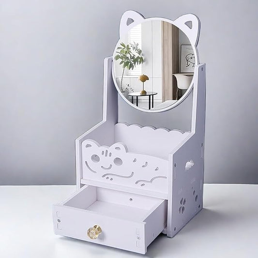 Assemble Makeup Organizer 7 1/2 Inch with Cosmetic Rotating Mirror & Drawer, Compact Vanity Bins Storage, Girl's Dressing Table Essential Skincare Display Case,Countertop Ideal Gift Chioce