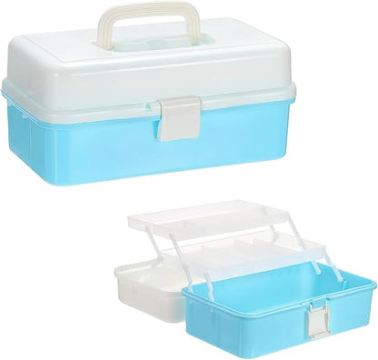 Hipiwe 3-Layer Plastic Storage Box 12.8" Multipurpose Craft Organizers with Dividers & Handle Hair Accessories Organizer Folding Craft Tool Case Portable Tackle Box for Sewing Art Cosmetic, Blue