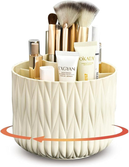 Rotating Makeup Brush Holder - Beige 5 Slot 360° Spinning Organizer for Vanity Desk, Cute Aesthetic Storage for Women, Multi-purpose Pen Pencil Caddy for Office Home Art Supplies