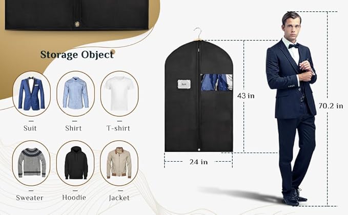43" Black Garment Bags for Hanging Clothes Storage and Men Travel with Car, Hanging Suit bag Cover with Zipper, Clear Window and Name Tag for Shirt, Jacket, Suit, Coat (1)