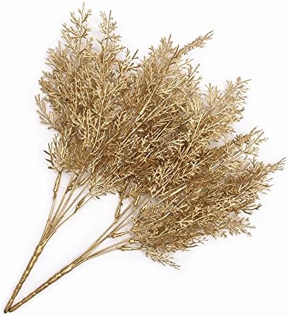 PASYOU Golden Fake Plants, Artificial Flowers Decoration for Christmas Antlers Grass Plastic Faux DIY Crafts Indoor Outdoor Home Garden Party Room Bedroom Wedding Table Centerpiece Decor, Gold 4 Pack - Image 6