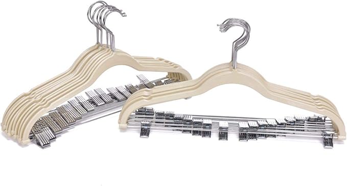 80 Pack Ivory Quality Plastic Non Velvet Non-Flocked Thin Compact Coat Hangers with Metal Clips for Skirts Pants Blouses 360° Swivel Hook