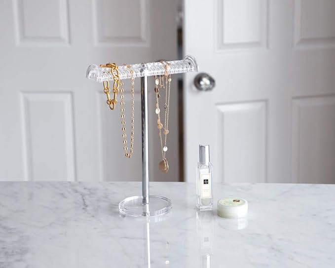 Isaac Jacobs Clear Acrylic Necklace & Bracelet Holder (8” inch T-Bar)– Hanging Chain and Bangles Organizer Sleek & Sturdy Stand for Jewelry – Storage Solution- Bedroom- Bathroom – Countertop