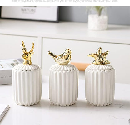Cotton Swab Holder Qtip, Q-Tips Container with Lid, Ceramics Cotton Ball Canister Canister Toothpick Holder Dispenser for Vanity Dresser Counter Bathroom (Bird)