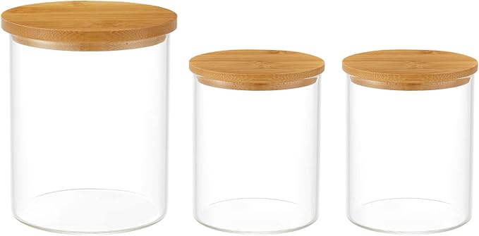 INIUNIK 3 Pack Glass Qtip Holder Dispenser, 20 oz and 11 oz Clear Glass Apothecary Jars, Bathroom Vanity Canisters Organizer Jars for Cotton Swabs, Balls, Rounds, Pads, Floss, Bath Salts