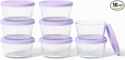 16-Piece Glass Food Storage Containers Set (8 Containers + 8 BPA-Free Lids) | 1-Cup, Leakproof | Microwave, Freezer, Oven & Dishwasher Safe | Ideal for Meal Prep & Pantry Organization, Purple