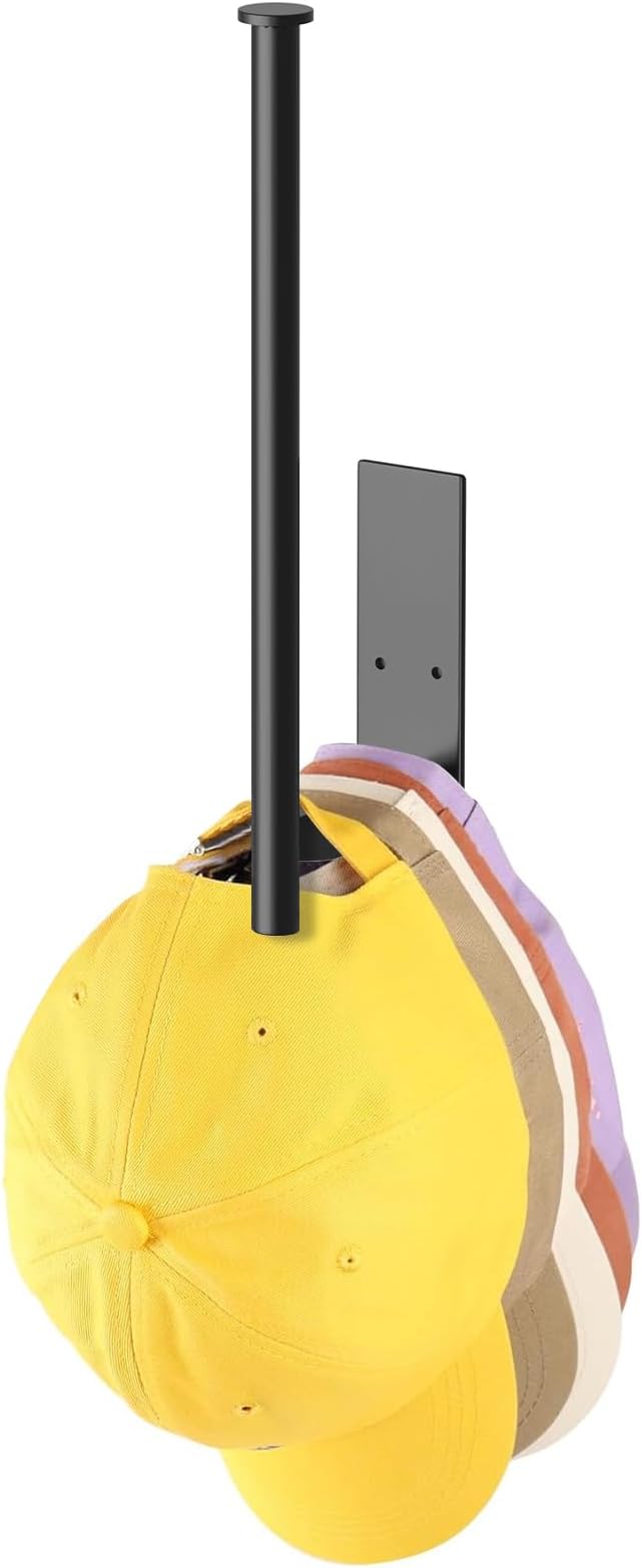 HUFEEOH Stainless Steel Wall-Mounted Hat Rack Organizer, Black Baseball Cap Hanger with Adhesive and Drill Mounting, Space-Saving Cap Holder for Kitchen, Entryway, Laundry Room
