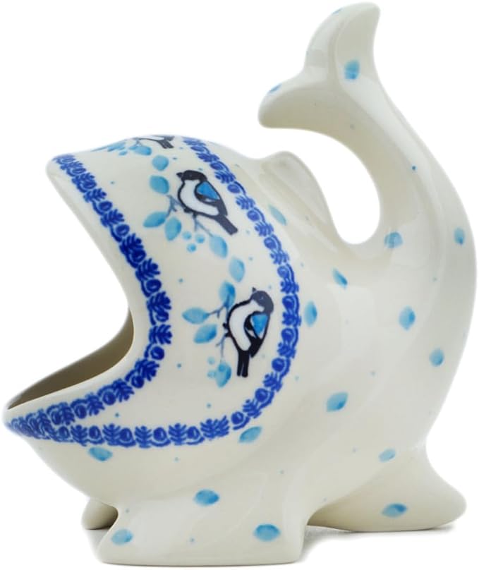 Polmedia Polish Pottery Salt Cellar, Salt Pig, Sponge Holder, Whale - Winter Sparrow Pattern Handmade in Boleslawiec Poland by Ceramika Artystyczna + Certificate of Authenticity