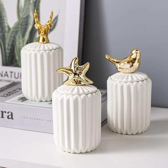 Cotton Swab Holder Qtip, Q-Tips Container with Lid, Ceramics Cotton Ball Canister Canister Toothpick Holder Dispenser for Vanity Dresser Counter Bathroom (Starfish)