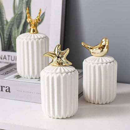 Cotton Swab Holder Qtip, Q-Tips Container with Lid, Ceramics Cotton Ball Canister Canister Toothpick Holder Dispenser for Vanity Dresser Counter Bathroom (Starfish)