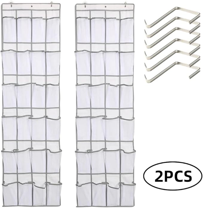 HURRISE 2Pcs 24 Large Pockets Over The Door Shoe Organizer, Hanging Shoe Organizer Holds Up to 40 lbs with 24 Mesh Large Pockets Door Shoe Rack Organizer for Door Mesh Closet Shoe Holder Hanger