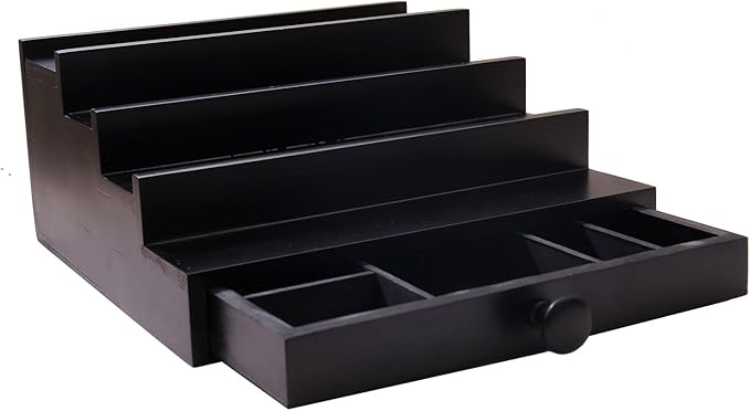 Black Cologne Organizer for Men - 4 Tier Wooden Perfume Display Stand with Drawer and Hidden Compartment for Organizing and Storing, Cologne Holder Shelf for Dresser