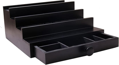 Black Cologne Organizer for Men - 4 Tier Wooden Perfume Display Stand with Drawer and Hidden Compartment for Organizing and Storing, Cologne Holder Shelf for Dresser