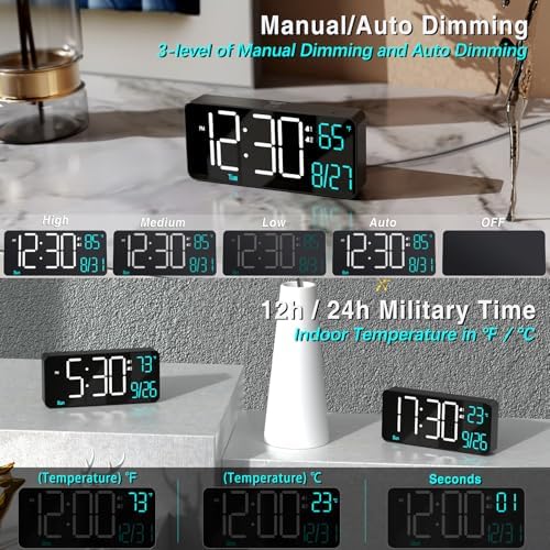 KOSUMOSU Alarm Clocks for Living Room, 6.7in Small Digital Clock for Bedroom, Auto Dimming,Date,Day of Week,Seconds or Indoor Temperature,Digital Alarm Clocks for Bedrooms,LED Desk Clock - Image 2