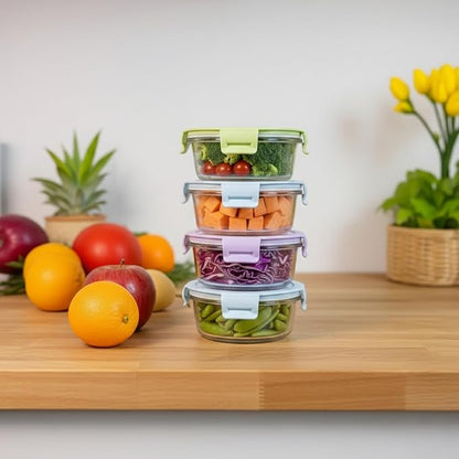 1.5 Cup Round Glass Food Containers with Lids and Folding spoon, Round Small Food Containers with lids, 12OZ Glass Lunch Bowls for Office Meals, Microwave, Freezer, Dishwasher Safe (4 Pack)