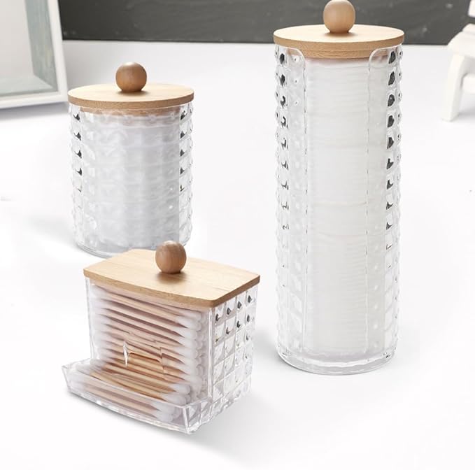 3 Pieces Makeup Remover Discs Dispenser, Cotton Makeup Remover Canister, Canister with Bamboo Lids, Holder for Cotton Swabs, Organizer Pads Makeup for Living Room