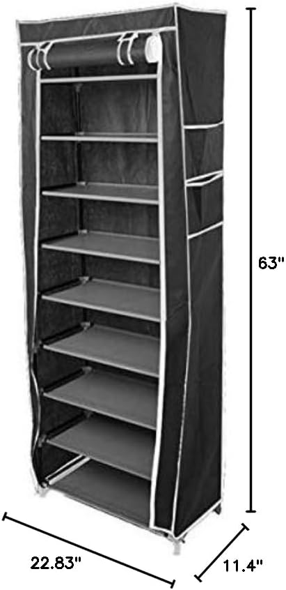 9 Tier Space Saving Portable Shoe Rack Storage Organizer, 10 Tiers 9 Lattices Non-Woven Waterproof Fabric Cover (Black, 10 Tiers 9 Lattices)