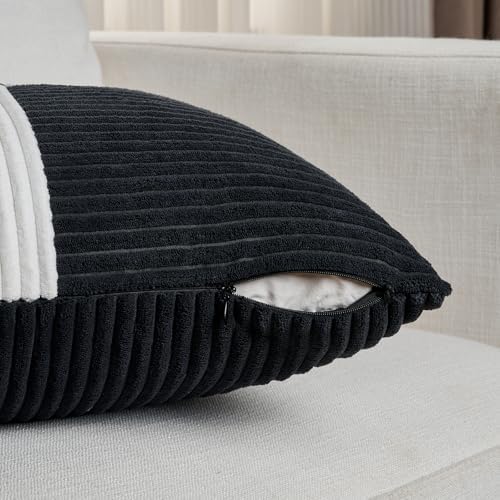 Fancy Homi Set of 2 Black White Decorative Throw Pillow Covers 18x18 Inch with for Couch Bed Sofa Living Room, Soft Cross Patchwork Striped Corduroy Modern Square Cushion Case 45x45 cm - Image 4