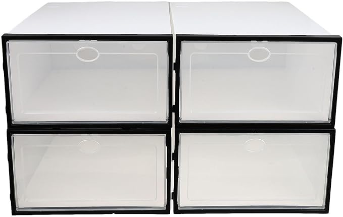 4 Pcs Men’s Shoe Storage Boxes Plastic Shoe Organizers Waterproof Dustproof with Black Frame for Home Closet