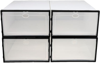 4 Pcs Men’s Shoe Storage Boxes Plastic Shoe Organizers Waterproof Dustproof with Black Frame for Home Closet