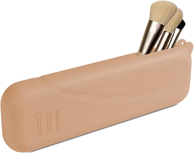 Silicone Makeup Brush holder travel case,Large makeup brush bag with Half-open Snap Design, Anti-fall Out vanity organizer for Toothbrushes,lipstick,eyebrow pencil,BB Cream,Liquid Foundation(Khaki)