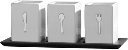 Towle Living 3-Piece Ceramic Caddy with Wood Tray, White, Black