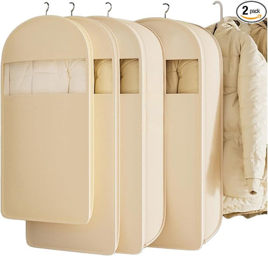 2 Packs Breathable Hanging Garment Bags for Clothes & Suits - 35" Fabric Suit Bags for Closet Storage, Garment Covers for Coats, Dresses, Jackets, Shirts, Wardrobe Protector (ecru)