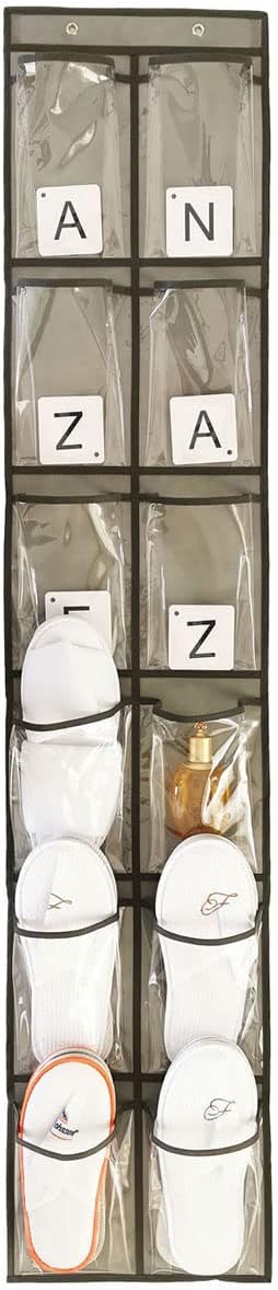 Closet Shoe Organizer Behind Door Hanging Closet Kids Shoe Rack with 12 Clear Large Pockets (12 Pockets-Grey)