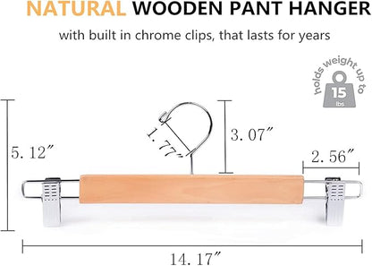 Amber Home 24 Pack 14.17" Solid Natural Wooden Pant Skirt Hangers, Bottom Hangers for Slacks Trousers Jeans with 2-Adjustable Anti-Rust Clips (Natural, 24 Pack)