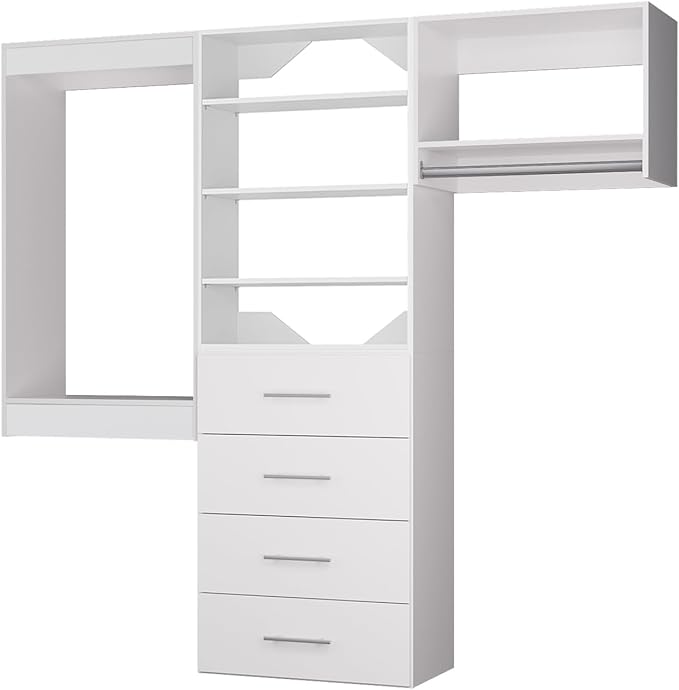 ROOMTEC Modular Closet System, 84" Wall Mounted Closet Organizer with Hanging Rods and Drawers, Modern Wooden Tower for Walk-In Closets, Wardrobe Storage Kit, White