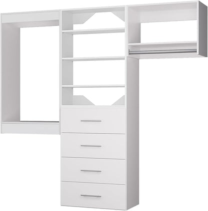 ROOMTEC Modular Closet System, 72" Wall Mounted Closet Organizer with Hanging Rods and Drawers, Modern Wooden Tower for Walk-In Closets, Wardrobe Storage Kit, White