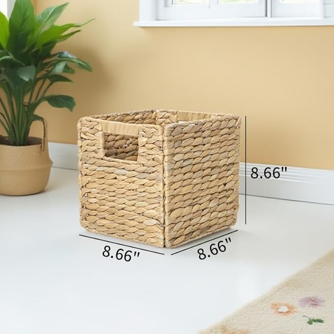 YAHUAN Foldable Water Hyacinth Storage Cubes 9X9 Hand Woven Wicker Storage Bins Square Basket Storage Basket for Shelves (Water hyacinth)