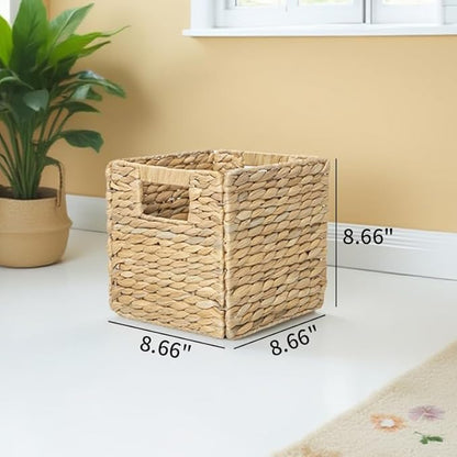 YAHUAN Foldable Water Hyacinth Storage Cubes 9X9 Hand Woven Wicker Storage Bins Square Basket Storage Basket for Shelves (Water hyacinth)
