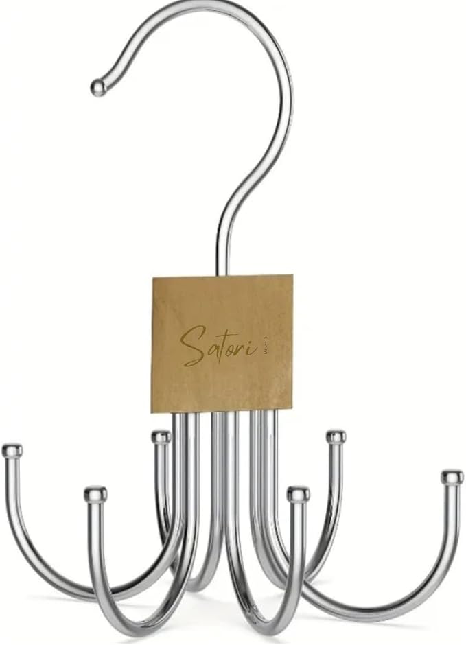 2 Pack, Rotating Belt Hanger Organizer for Closet, 12 Hooks Storage, Space Saving for Accessories, Bra, Tank Top, Tie, Scarf, Purse, Natural Wood and Metal
