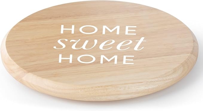 CounterArt Decorative Round Natural Wood Lazy Susan Turntable 14" Diameter Condiment Caddy, Cheese Server, Cake Plate, Spice Organization (Home Sweet Home)