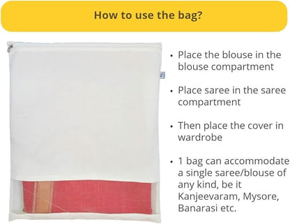 Reusable Cotton Saree Cover with Blouse compartment big size for Storage, Wardrobe Organizer bags saree bags cotton (17x17 inches, 24)