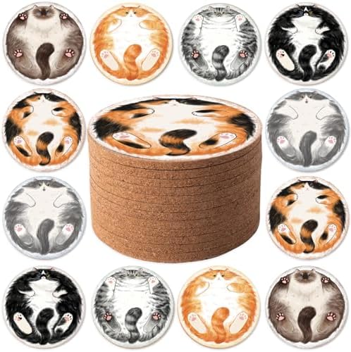 Cork Coasters for Drinks Absorbent Non Slip 12pcs 4 Inch Sleepy Cat by Staruby