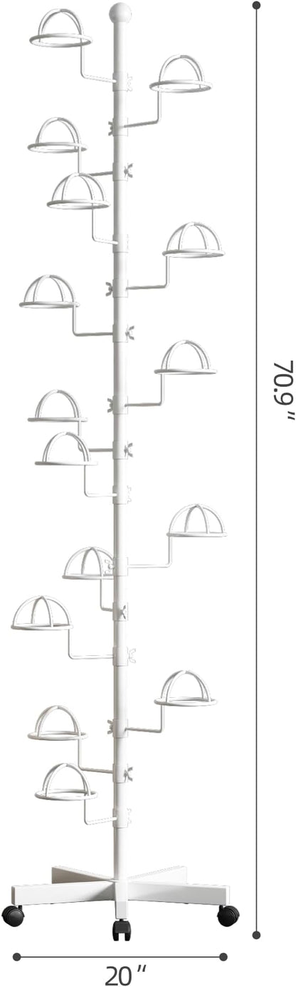 Hat Rack with 15 Circular Hooks Floor Hat Stand Freestanding Hats Rack Stand Adjustable Metal Hats Tree Organizer Rack Display Standing Suitable for Home Store Commercial, White