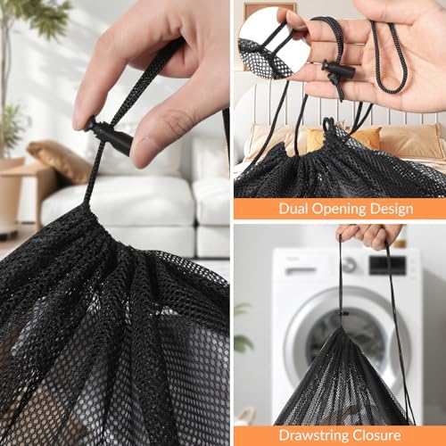 2 Pack Mesh Laundry Bags - Large & Small Heavy Duty Mesh Laundry Bag with Drawstring, Wash Bags for Travel, College, Dorms, Sports, Family, Black - Image 3