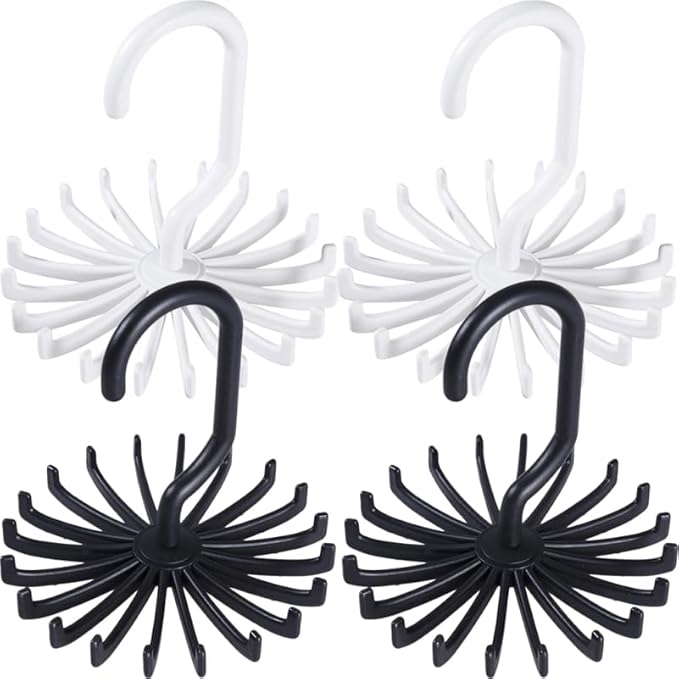 Solustre 4-Pack Rotating Plastic Tie Rack with Belt Hooks Space-Saving Closet Organizer for up to 20 Neckties and Belts Multi-Functional Hanging Storage Solution for Home and Travel