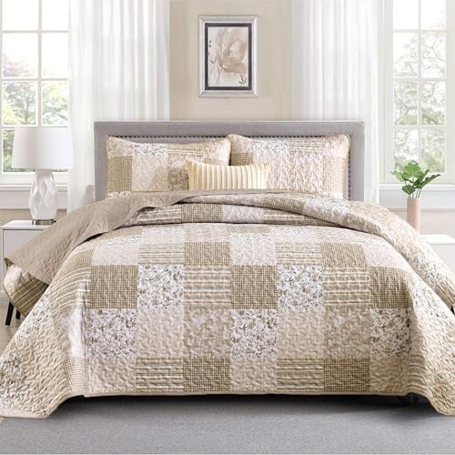 Mybedsoul Beige Boho Quilt King Size, Patchwork Floral Bedding Set by Mybedsoul