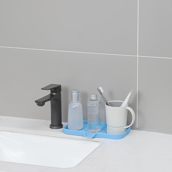 MicoYang Silicone Bathroom Soap Dishes with Drain Spout-Bathroom and Kitchen Sink Organizer,Sponge Holder,Dish Soap Tray,Perfect for Dispenser,Scrubber,Bottle on Sink or Counter-Light Blue 9.6"×5.3"