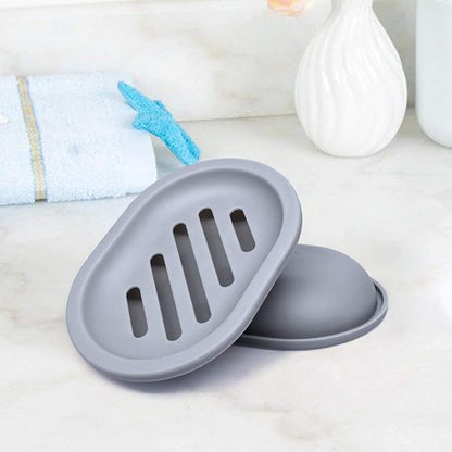 Soap Dish with Water Drainage Design for Drying and Saving Soap, Bathroom Kitchen Sponges Holder (Grey - Oval) 2 Pack