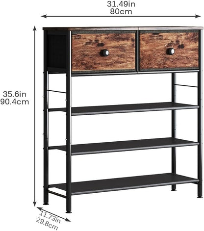 INGIORDAR Shoe Rack Organizer 5 Tier Metal Organizer Shelf with Industrial MDF Board and Layer Fabric for Entryway Closet Bedroom Living Room Garage (Black+Rustic Brown, 4 Tier with 2 Drawers)